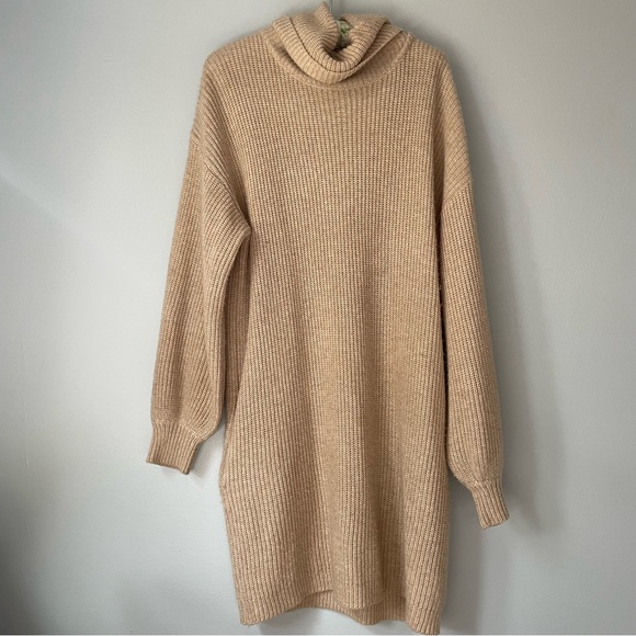 six crisp days Dresses & Skirts - Neutral Camel Comfortable & Cozy Cowl Neck Knit Long Sleeve Sweater Dress